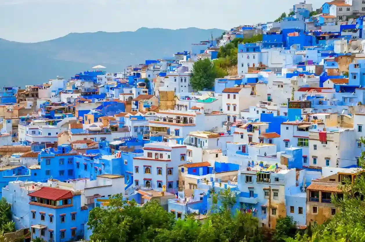 Aerial view of blue medina of city Chefchaouen, Morocco