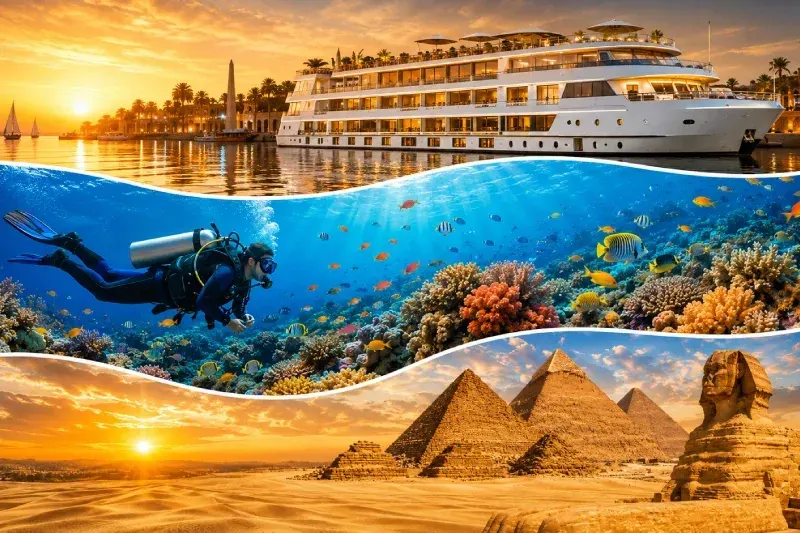 Collage: Nilkreuzfahrtschiff bei Sonnenuntergang, Taucher am Korallenriff im Roten Meer und die Pyramiden von Gizeh
