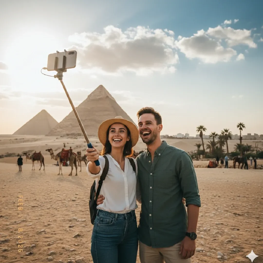 Pareja feliz tomando selfie frente a las pirámides de Giza