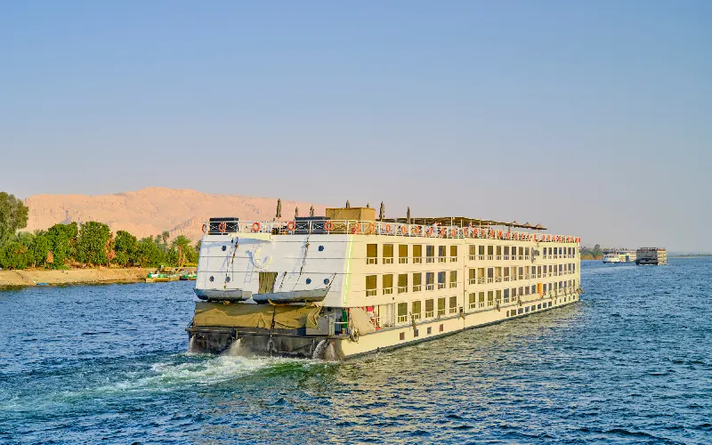 Luxury Nile river cruise ship sailing along the Nile in Egypt