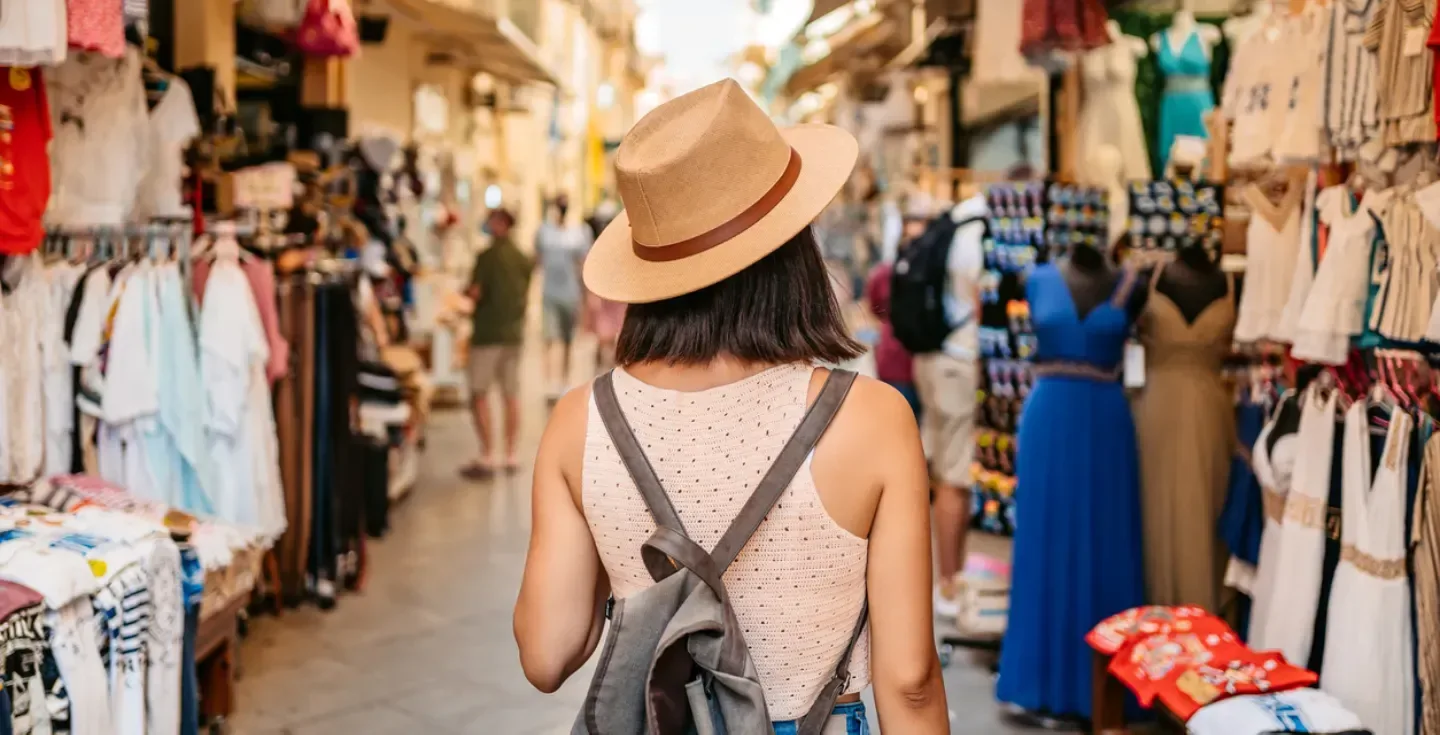 Joven turista femenina en el mercado callejero