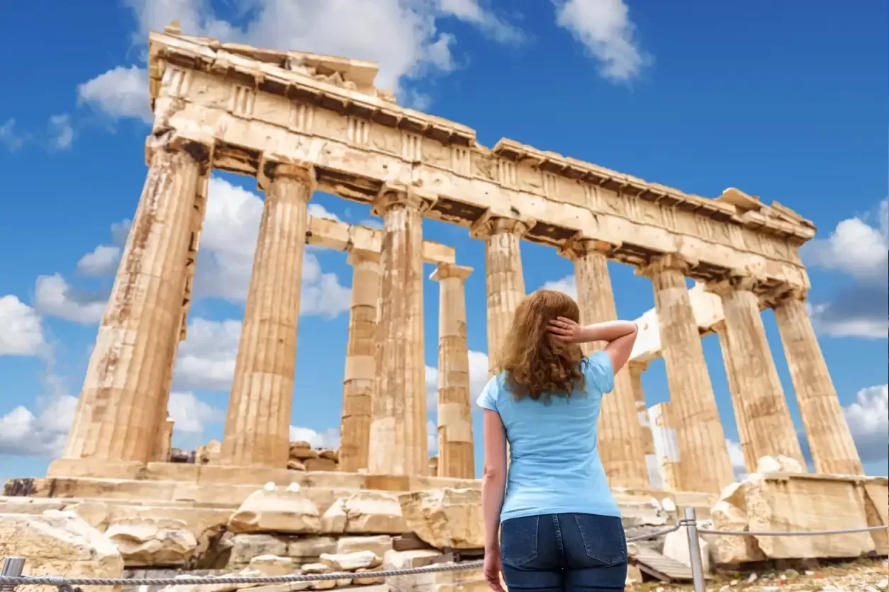 A Canadian woman explores the Acropolis in Athens.