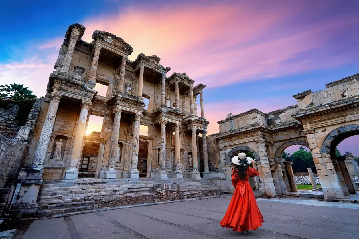 Canadian visitor at Ephesus' Celsus Library.