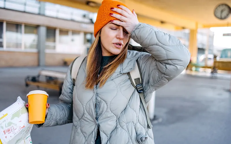 Worried woman at the train station