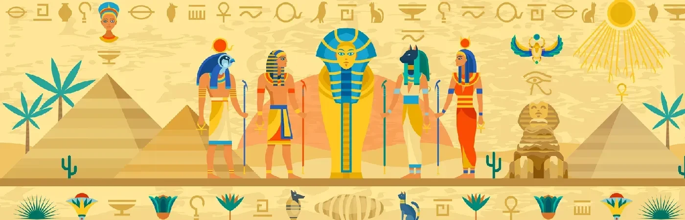 Eine erzählerische Darstellung der ägyptischen Mythologie mit einem Rahmen aus Hieroglyphen. Religiöse Architektur und Götterstatuen mit Ornamenten, ein Sarkophag eines Pharaos sowie Götter und Pyramiden als horizontales Poster im flachen Vektor-Stil.