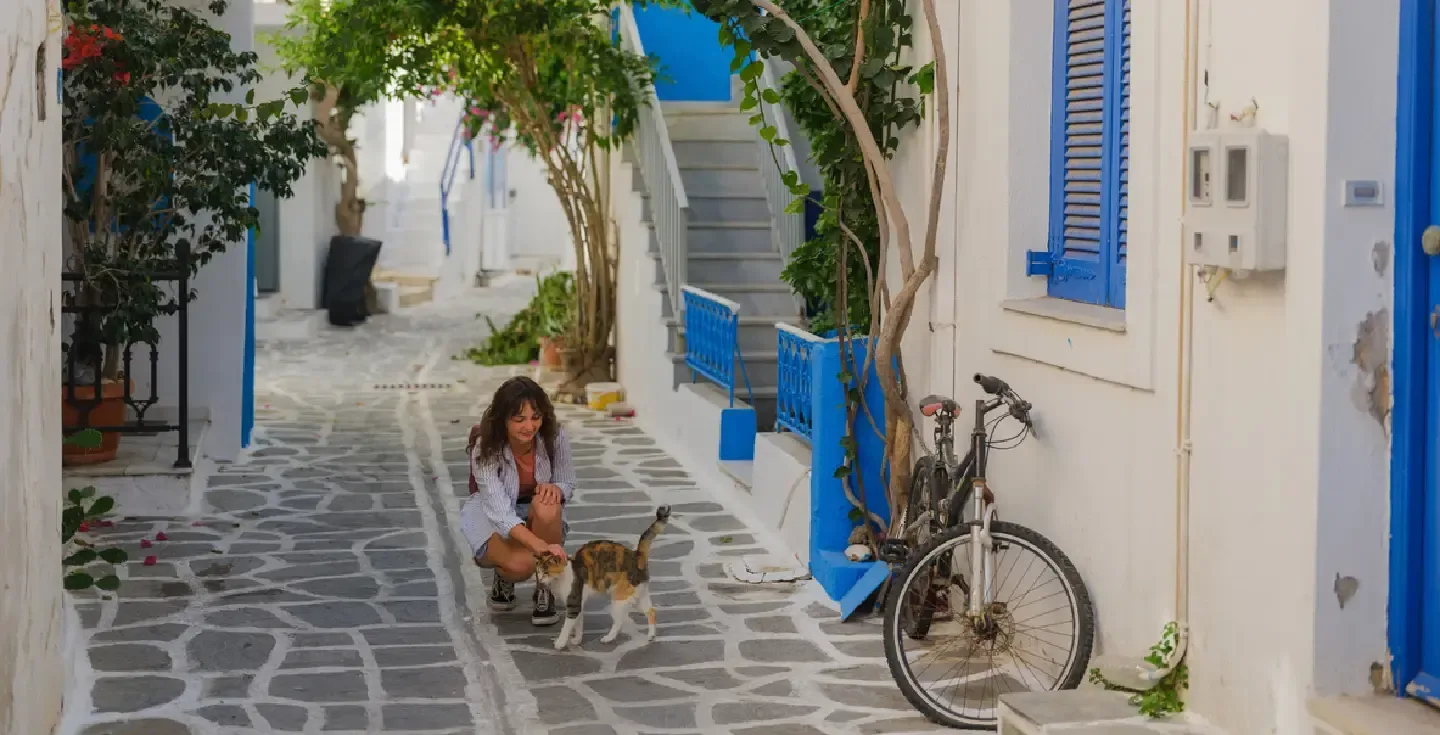 Mujer acariciando a un gato en la calle mientras camina por la ciudad.