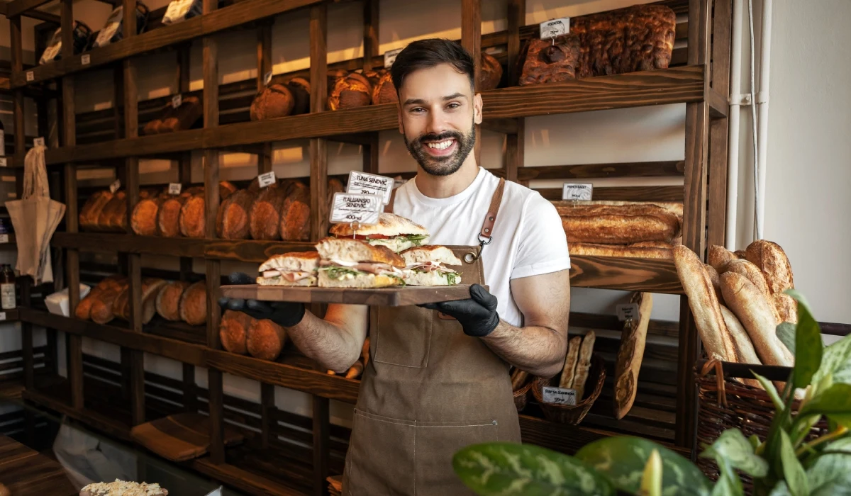 Bakery staff in apron holding tray of labeled sandwiches with bread loaves on shelves in background.