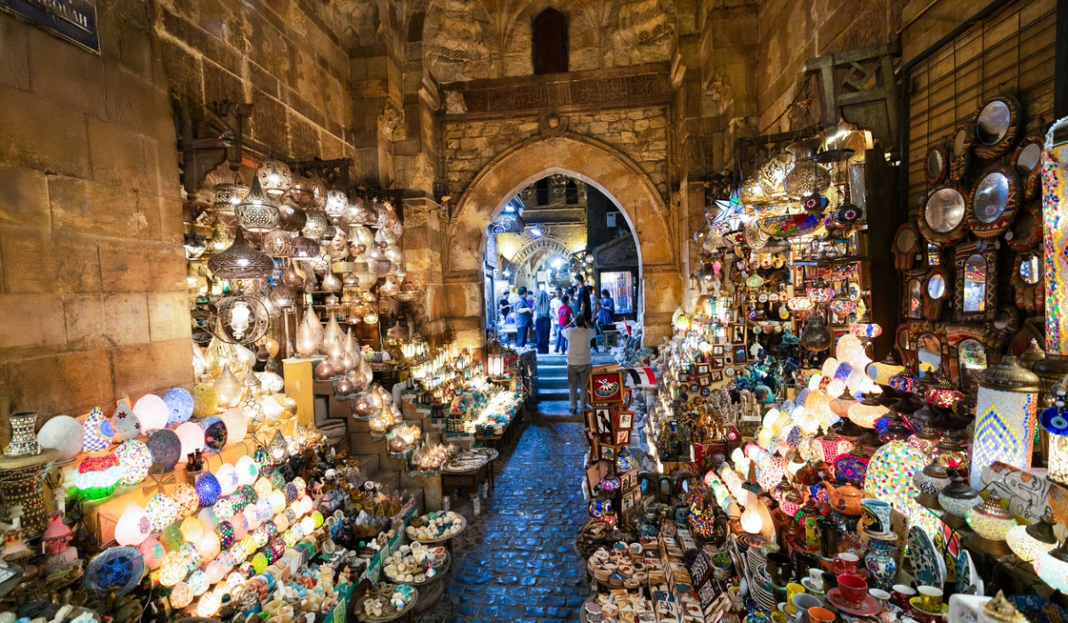 Streets Illuminated by Lanterns and Overflowing with Traditional Egyptian Goods.at Khan El-Khalili Bazaar at Night