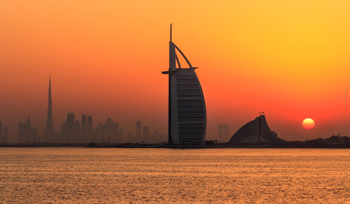 View of the Dubai Skyline from the Palm Jumeirah during Sunrise