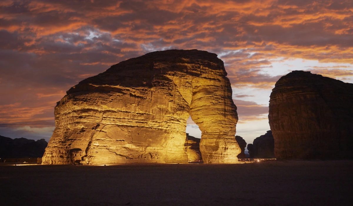 Portrait of Elephant Rock under sunset sky, Saudi Arabia