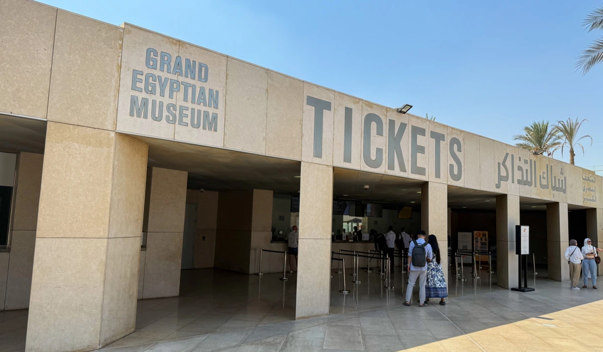 Ticket office of the Grand Egyptian Museum with visitors waiting in line
