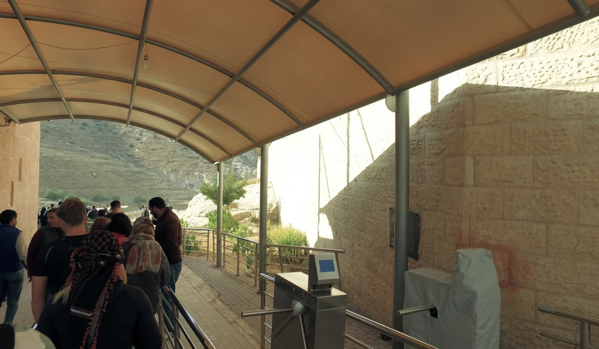 Tourists at entrance of antique site of Petra in Jordan the beautiful wonder of the world