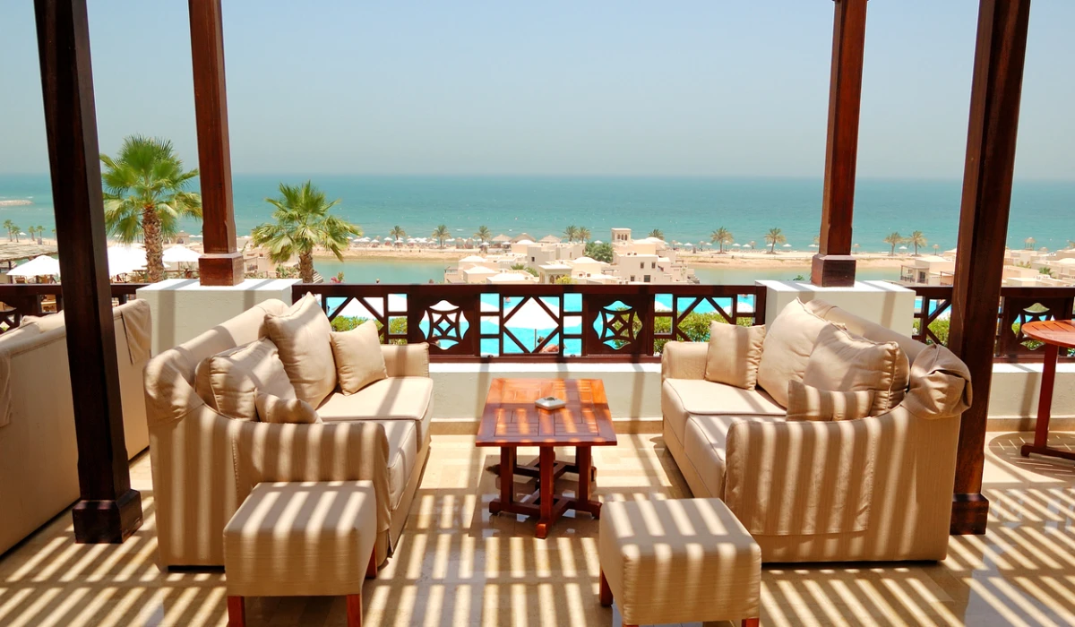 Sea view terrace at luxury hotel, Ras Al Khaimah, UAE