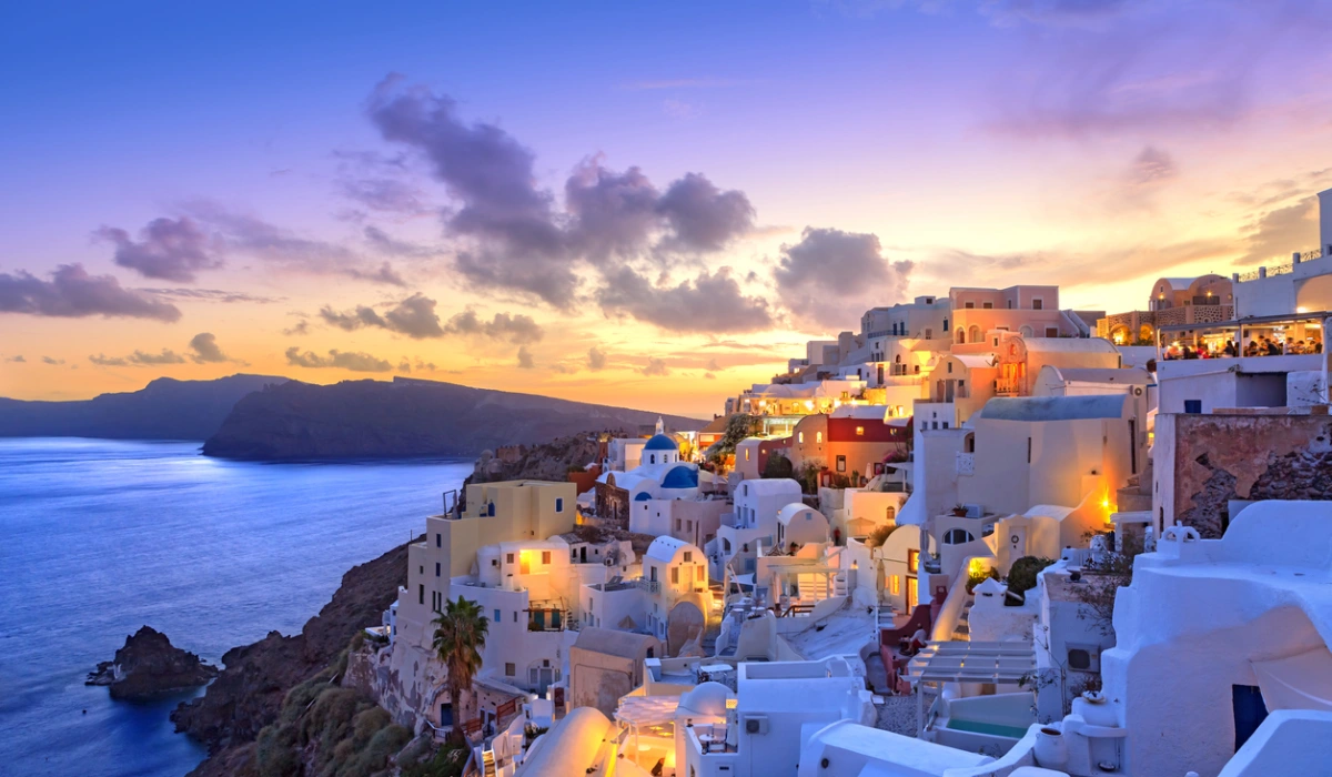 Santorini sunset at dawn village of Oia Greece