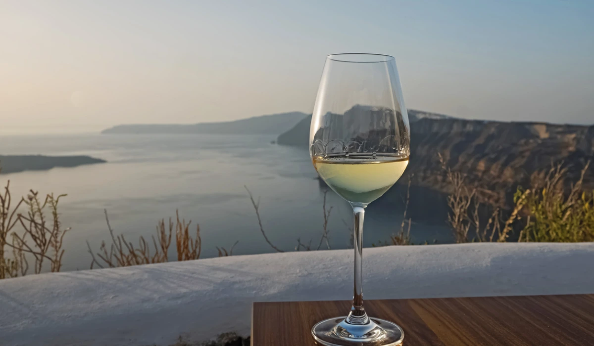 Glass of wine standing on the table with a view to Santorini caldera.