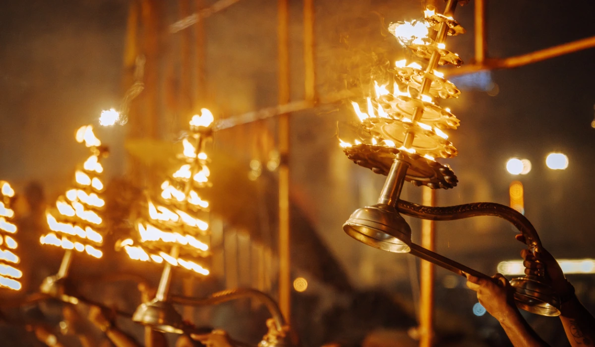 Fire Ceremony Ritual In Varanasi At Night