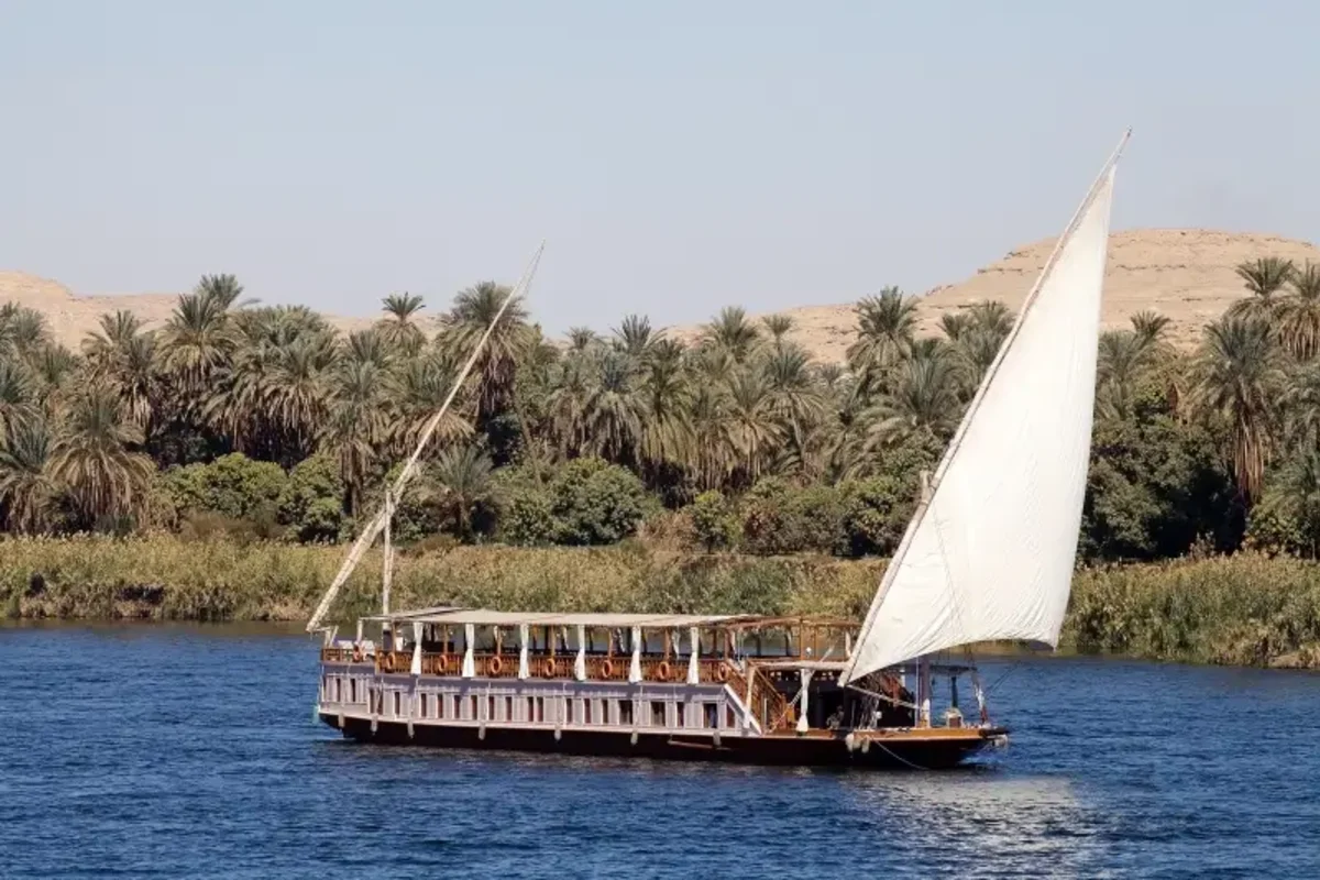 Dahabeya mit gesetzten Segeln auf dem Nil vor Palmenufer bei Assuan