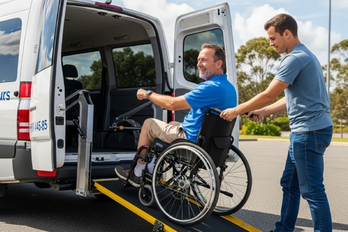   A man in a wheelchair enters a white accessible van via a yellow ramp, assisted by another man, with 