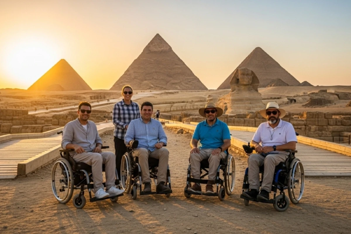   Five wheelchair users pose on a paved path at sunset with the Pyramids of Giza and the Great Sphinx behind them—capturing accessible tourism at Egypt’s iconic heritage site.