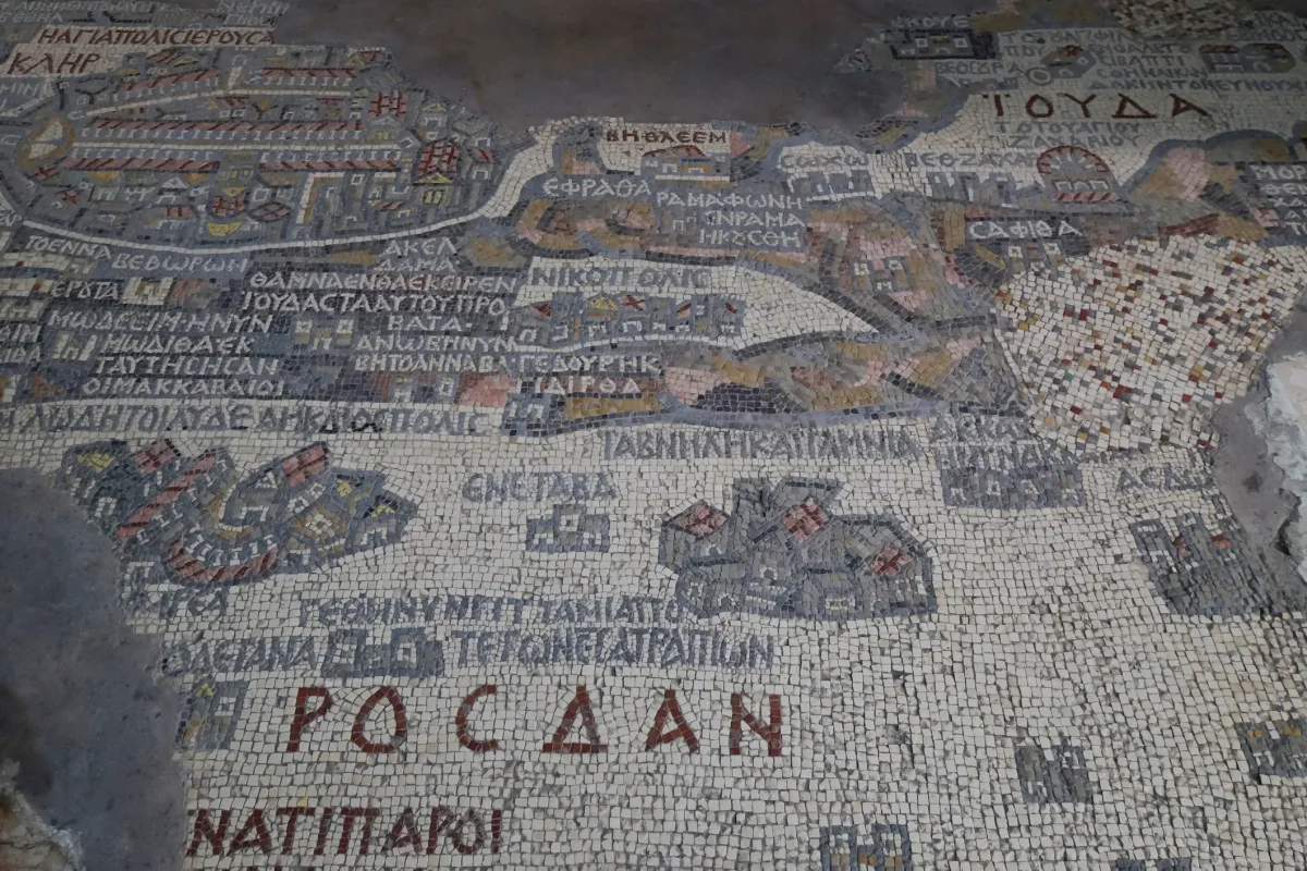 Sixth-century mosaic map inside St. George’s Church during the Madaba visit in Jordan