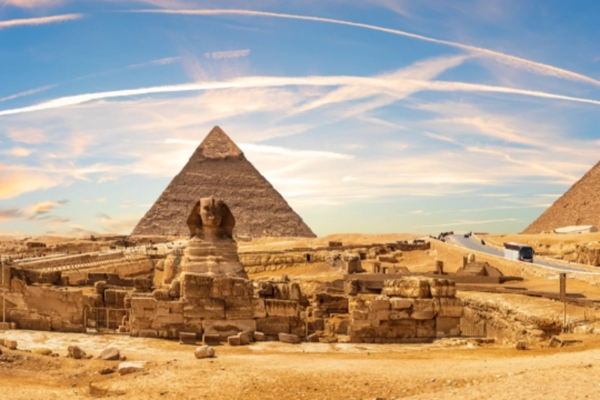 Great Sphinx and the Pyramids of Giza, beautiful sunset panorama of Cairo region, Egypt Cairo to Luxor