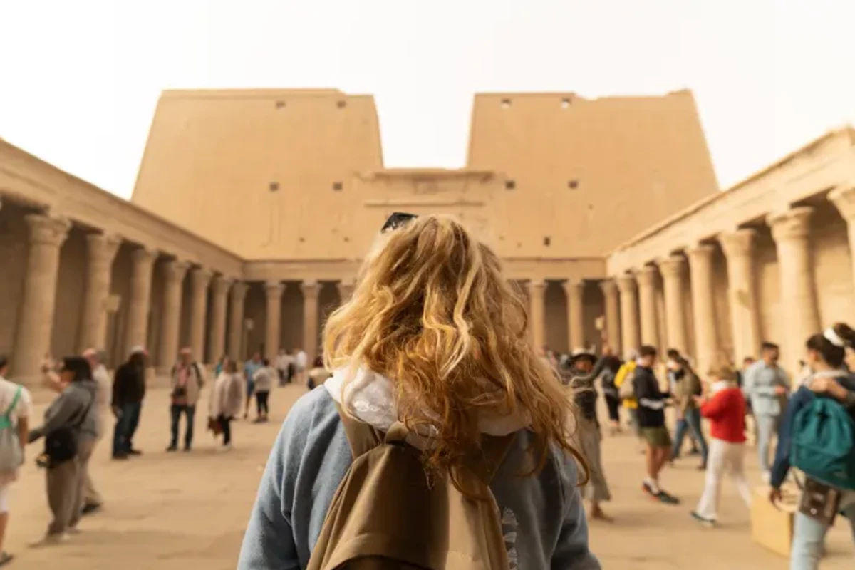 Monumental entrance of Edfu Temple during the guided Nile cruise excursion