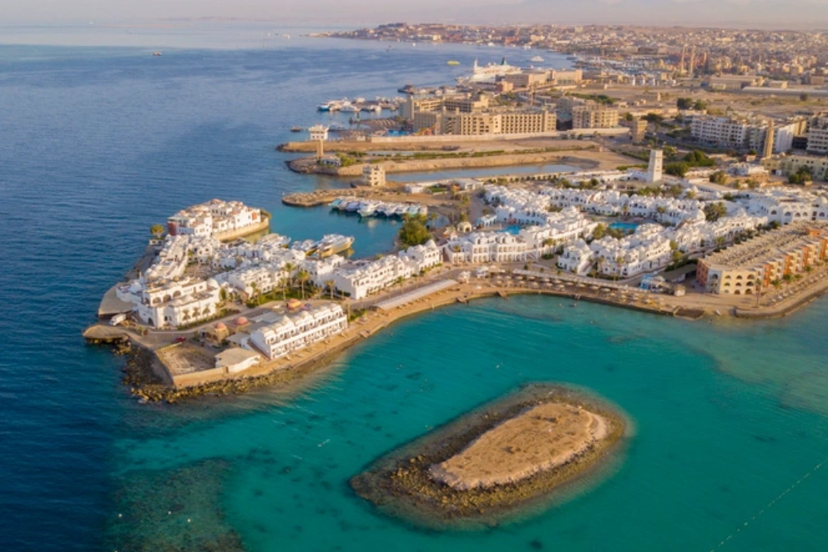Aerial shot of the Red Sea beach in Hurghada City, , Egypt Vacation Package