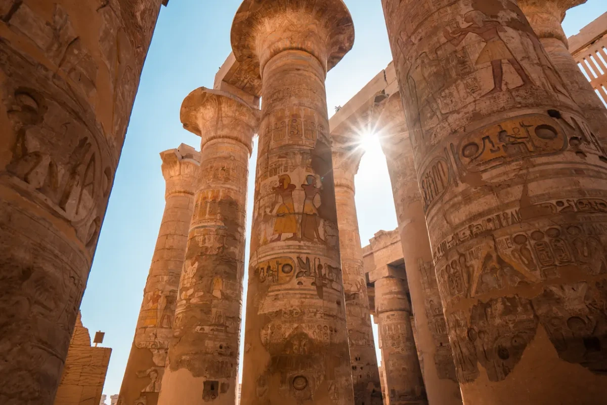 Hieroglyph-covered columns at Karnak Temple during the guided East Bank visit in Luxor