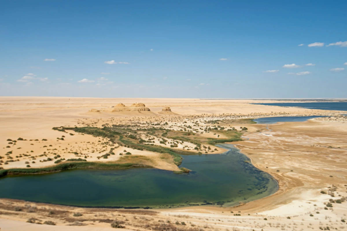 Panoramablick aus der Luft über ein abgelegenes afrikanisch-ägyptisches Wüstenlandschaftstal mit Oasen, Salzsee und Teichen