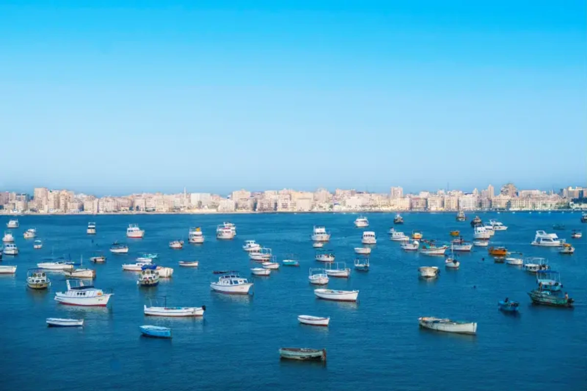Luftaufnahme: viele Boote auf dem Meer vor einer Stadt-Skyline unter blauem Himmel.