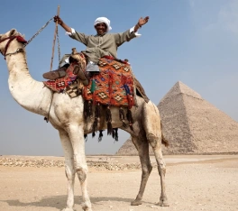 Hombre montando un camello frente a las Pirámides de Guiza.