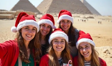 Ragazze festeggiano il Natale alle Piramidi, capodanno al cairo