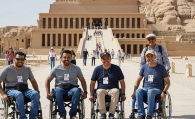   Six smiling tourists, including four wheelchair users and two standing companions, pose in front of the grand Mortuary Temple of Hatshepsut in Luxor—celebrating accessible travel at a historic Egyptian site.