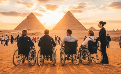 Four wheelchair users and a standing companion face the pyramids of Giza at sunset, bathed in golden light on sandy terrain, highlighting inclusive tourism at a historic Egyptian landmark.