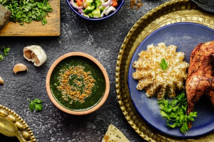 La gastronomía egipcia Cocina árabe; plato egipcio Molokhya o Molokhia servido con arroz, pollo, pan pita, ensalada verde oriental, ajo frito crujiente e ingredientes frescos sobre un fondo rústico.