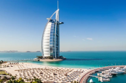 View of Burj Al Arab with its marina and private beach in Dubai.