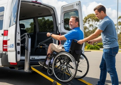   A man in a wheelchair enters a white accessible van via a yellow ramp, assisted by another man, with 