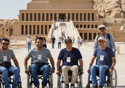   Six smiling tourists, including four wheelchair users and two standing companions, pose in front of the grand Mortuary Temple of Hatshepsut in Luxor—celebrating accessible travel at a historic Egyptian site.