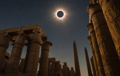 Photorealistic cinematic travel photograph of a total solar eclipse above the monumental columns of Karnak Temple in Luxor,  Solar Eclipse Egypt 2027