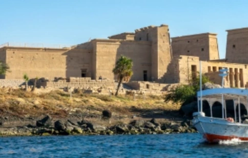 Panoramic view of the ancient Philae temple from the Nile river in Aswan, Egypt Vacation Package