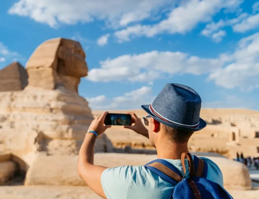 a man taking picture of the sphinx, Cairo Tour