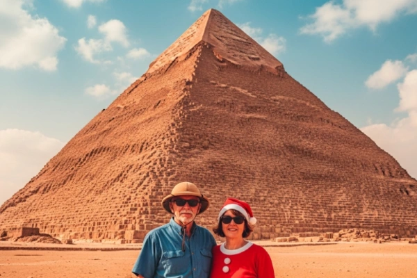 Reisepaar mit Weihnachtsmütze vor der Chephren-Pyramide in Gizeh