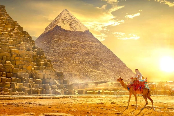 Un uomo cavalla un cammello davanti alla piramide