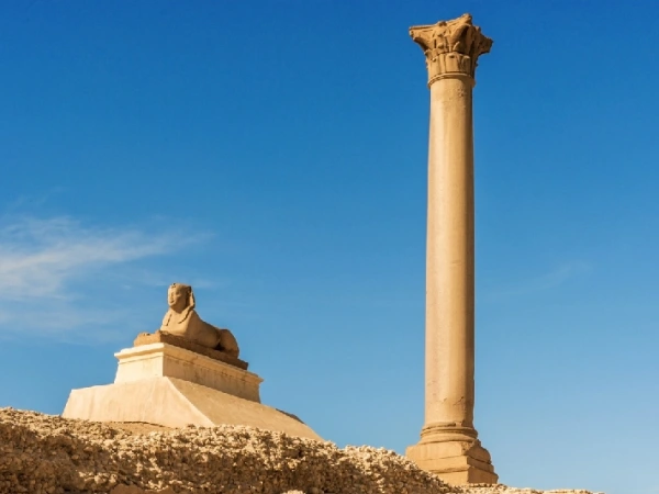 Pompeius-Säule und Sphinx von Alexandria unter blauem Himmel