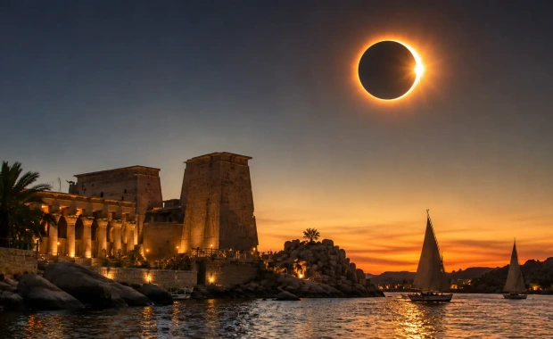 Eclipse Over the Ancient Riverside Temple, Solar Eclipse Egypt 2027