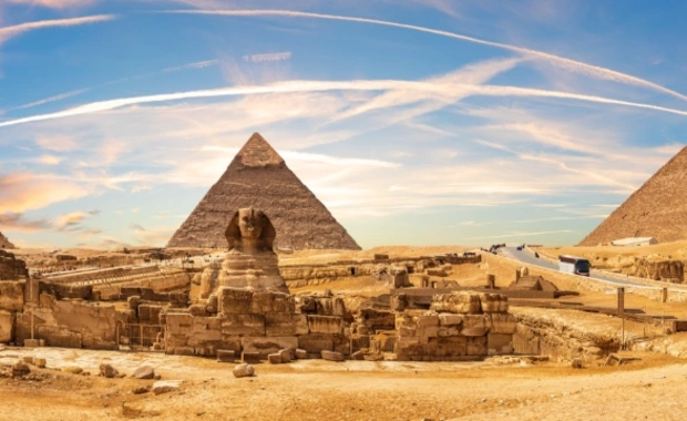 Great Sphinx and the Pyramids of Giza, beautiful sunset panorama of Cairo region, Egypt Cairo to Luxor