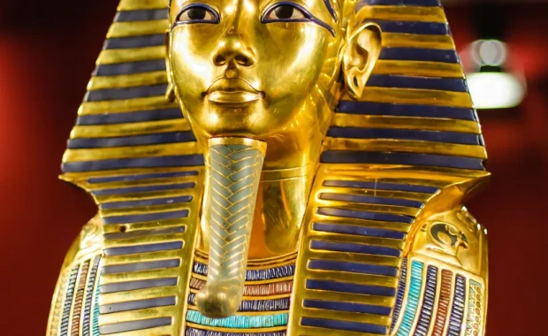 Ancient Egyptian exhibits displayed inside the Grand Egyptian Museum near the Giza Pyramids