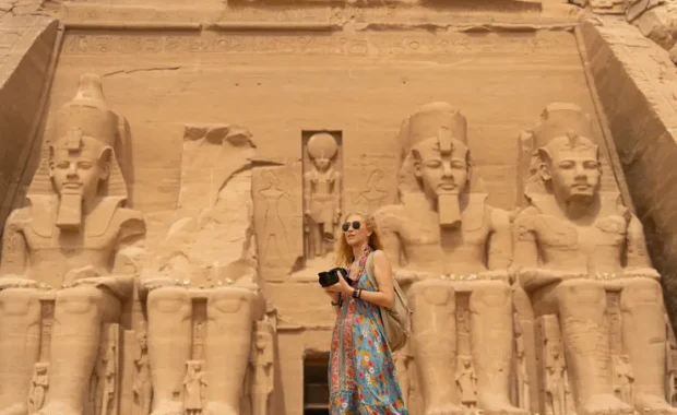 Colossal statues of Ramesses II at the Great Temple during the Abu Simbel tour