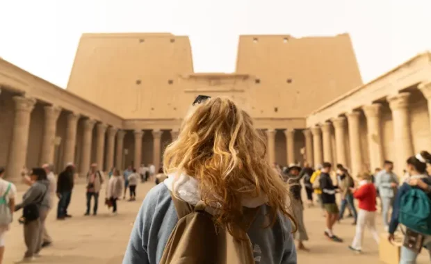 Monumental entrance of Edfu Temple during the guided Nile cruise excursion