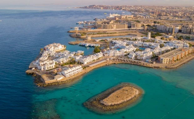 Aerial shot of the Red Sea beach in Hurghada City, , Egypt Vacation Package
